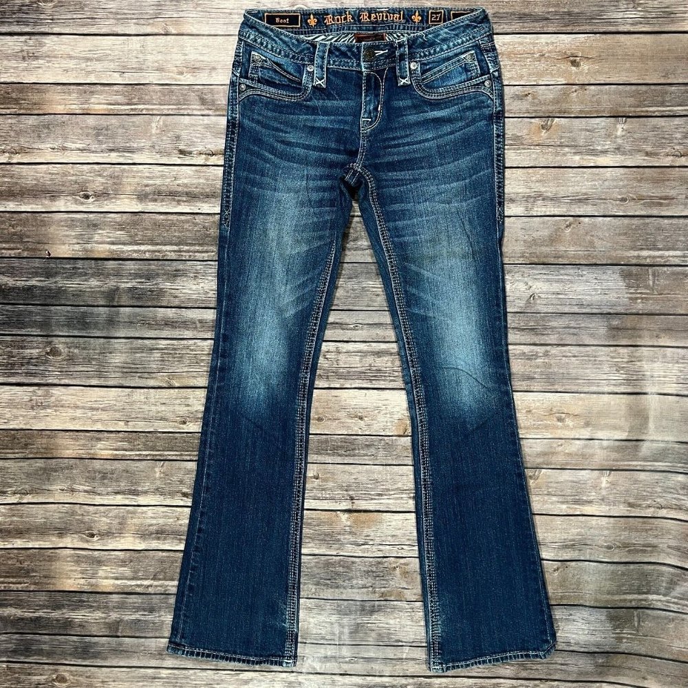 Rock Revival Ele Bootcut Stretch Jeans 27x34 Mens Blue Denim Thick Stitch Flap